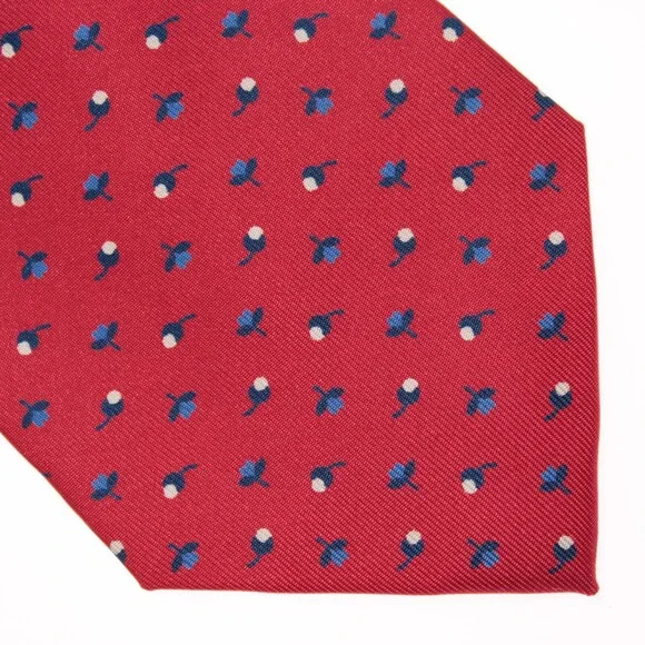 Drake's NWT Neck Tie in Red with Navy/Light Blue & White Floral Print 100% Silk